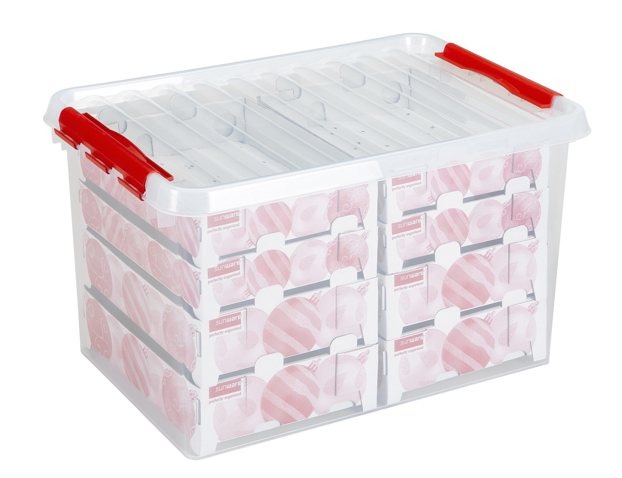 Sunware Q-Reihe Box für Weihnachtsdekoration mit Ablagen für 116 Kugeln, transparent/rot, Einheitsgröße