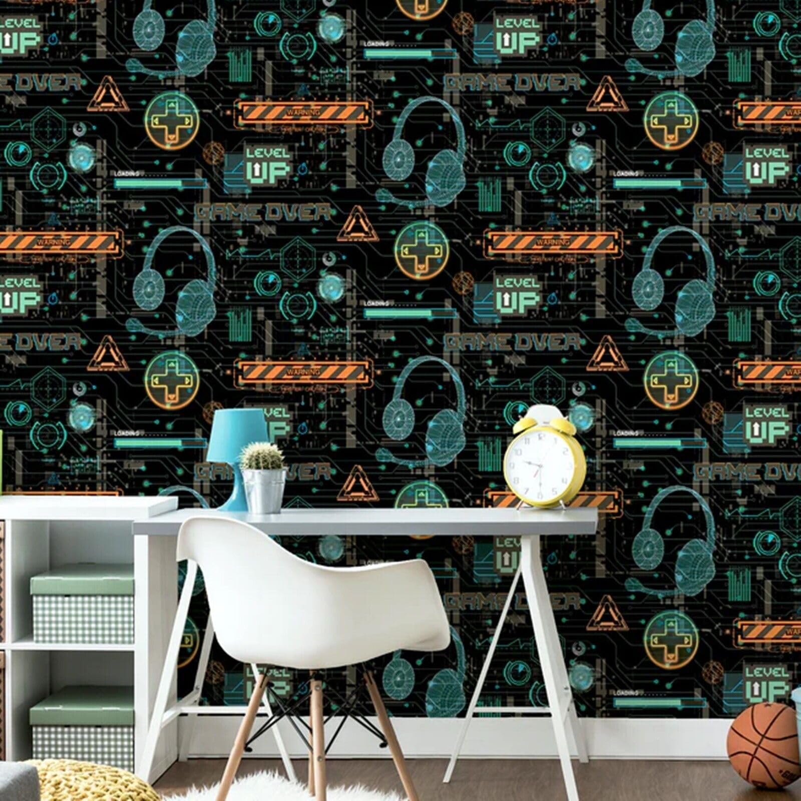 Sophie Laurence Boys Multicoloured Kids Gamer Children Room Wallpaper - Neon Retro Matrix Video Game Washable Wallpaper For Feature Wall