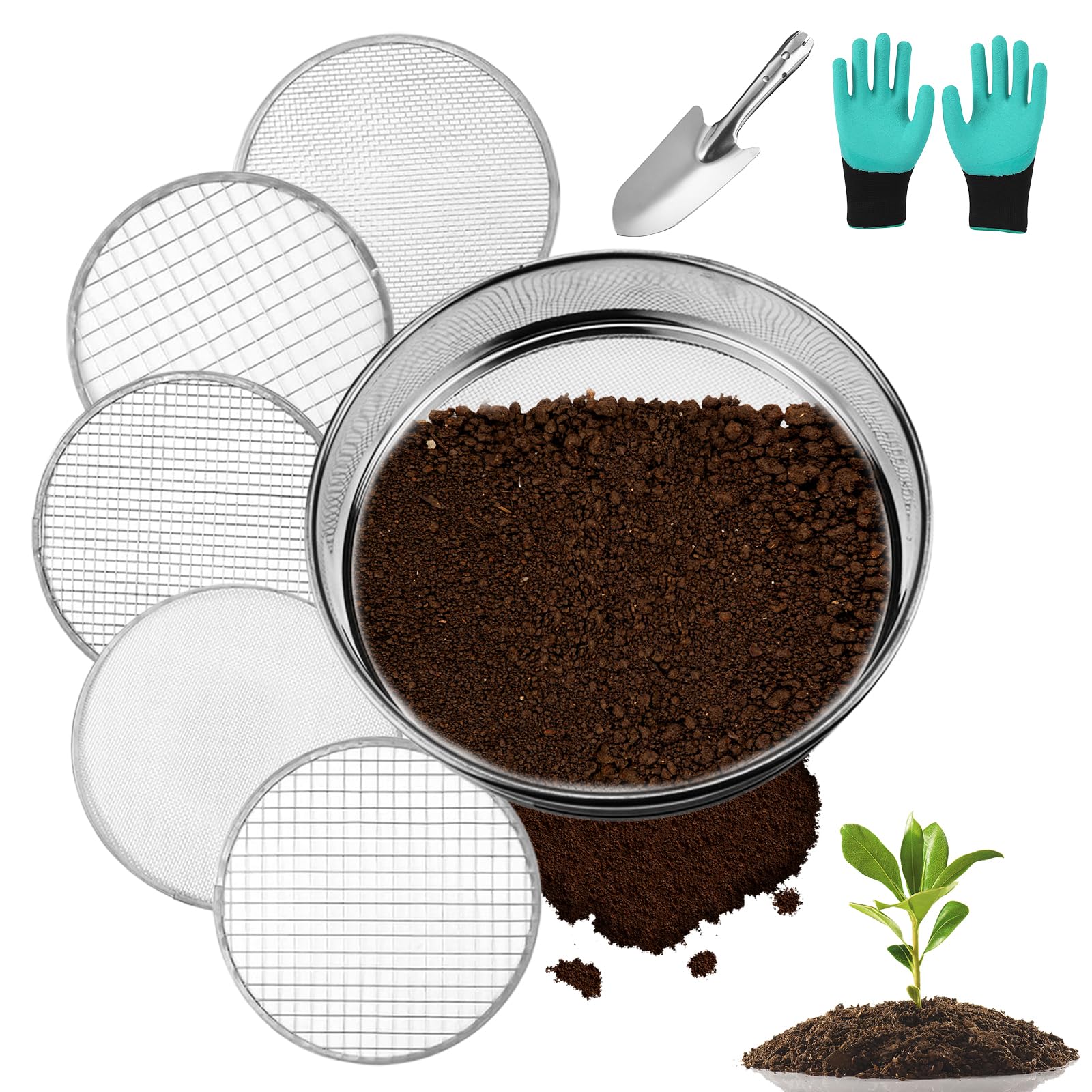 25cm Tamis De Jardin En Acier Inoxydable, Tamis De Jardin Rond, Tamis De Terre 5en1, Avec 5 Tamis Interchangeables Pour Le Jardin Le Sol Le Compost Le Sable - Avec Pelle De Jardin Gants De Jardinage
