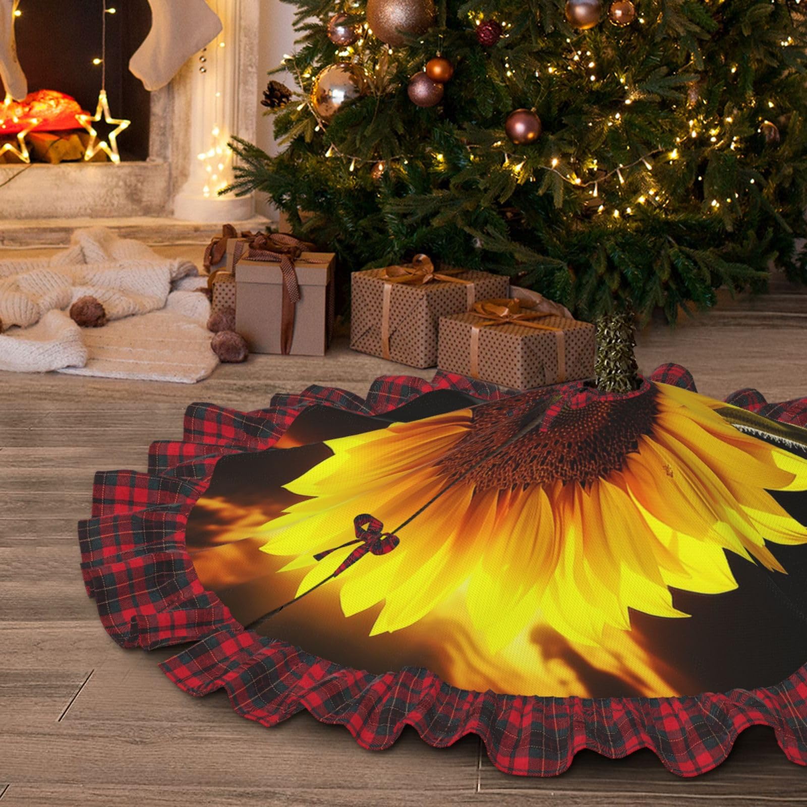 Jupe de sapin de Noël rustique tournesol 121,9 cm aux finitions textiles soignées