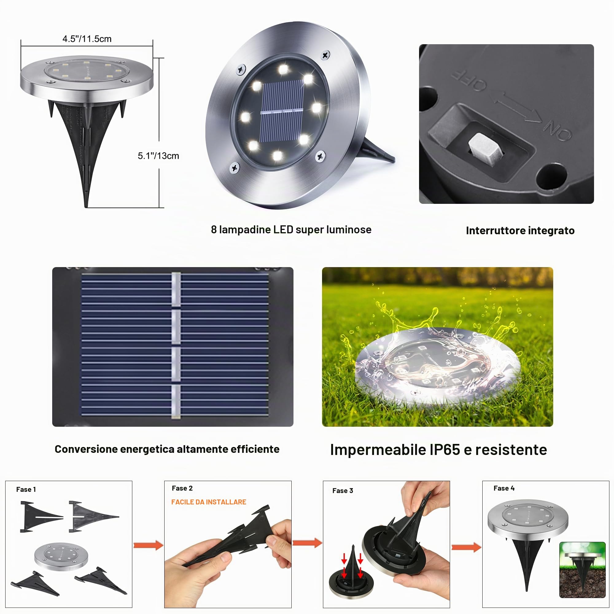 Qedertek 16 Pezzi Luci Solari Giardino Esterno, 8 LEDs Faretti led Luce Sepolta Bianco Lampada IP65 Impermeabile Luci Terra per Prato Vialetto Scala Paesaggio