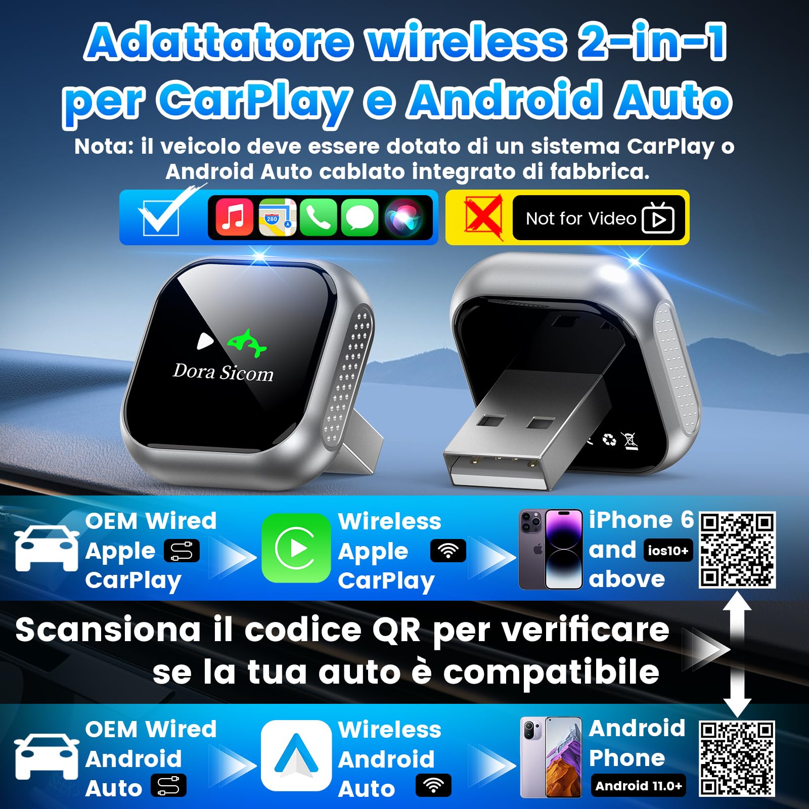 Dora Sicom [2026 update] Wireless CarPlay Adapter, Adattatore Wireless Android Auto,2 in 1，Adattatore CarPlay Adapter, Car Play per Auto,Plug & Play, USB&C, 5Ghz，compatibile con veicoli dal 2016
