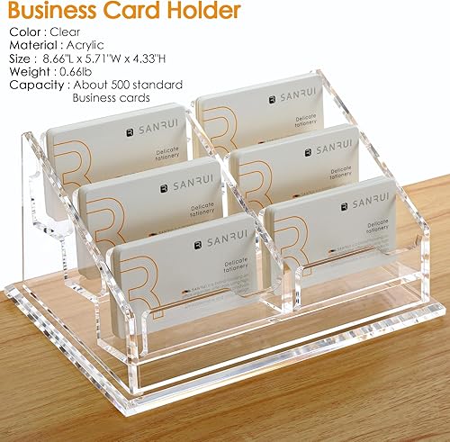 Miniatura 2 de SANRUI Tarjetero acrílico para escritorio, soporte de exhibición transparente con 6 ranuras, capacidad para 300 tarjetas, soporte horizontal
