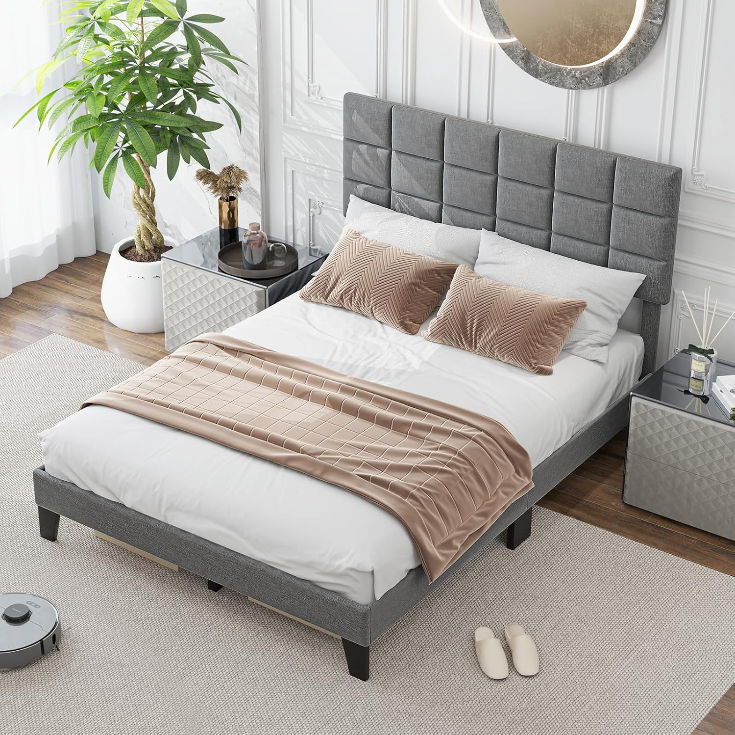 KOMFOTT Queen Size Platform Bed Frame with Adjustable Headboard, Modern Linen Fabric Upholstered Platform Bed with Wooden Slat Support, Mattress Foundation No Box Spring Needed, Grey