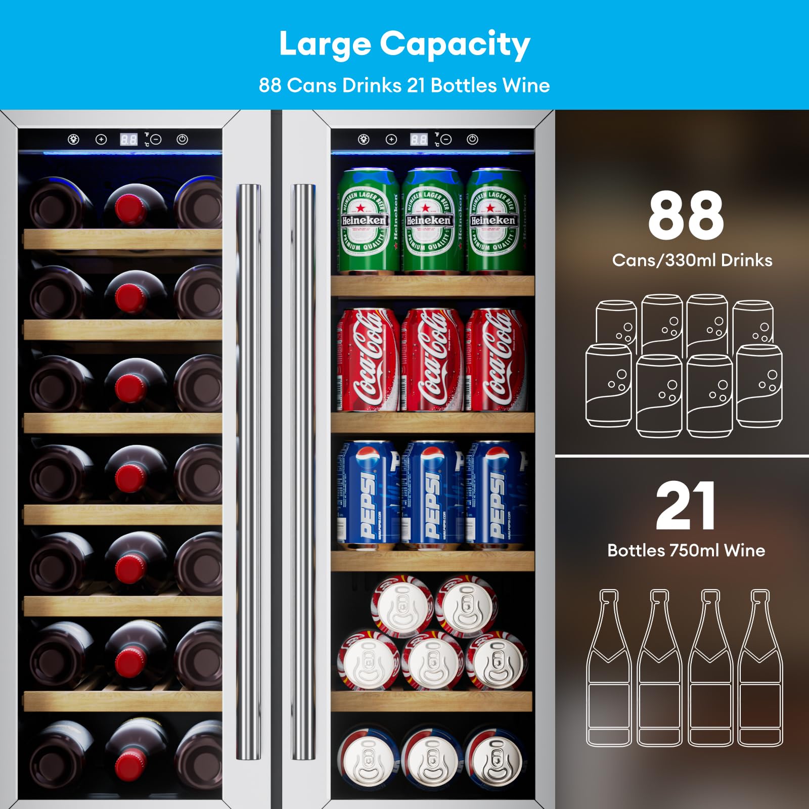 Tabu Wine And Beverage Refrigerator, 24 Inch Dual Zone Wine Cooler With Glass Door&Lock, Built-In Or Freestanding Beverage Fridge Hold 21 Bottles And 88 Cans on Fridge.com - View 4