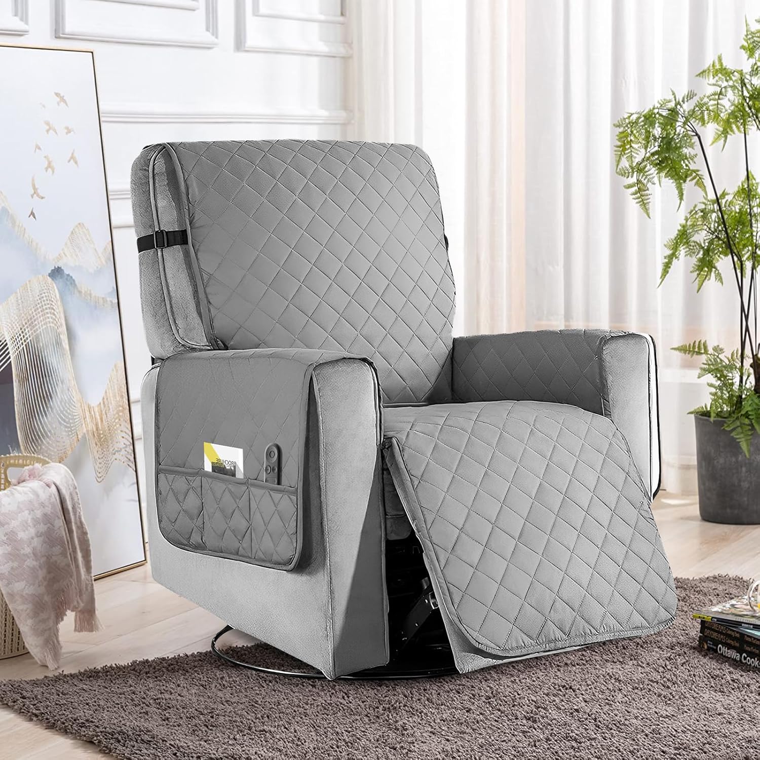 Waterproof Recliner Chair Cover, Nonslip Recliner Cover, Integrated Recliner Cover With Elastic Strap Side, Washable Slipcover with Pocket, Ideal Recliner Slipcovers for Pets and Kids (Light Grey)