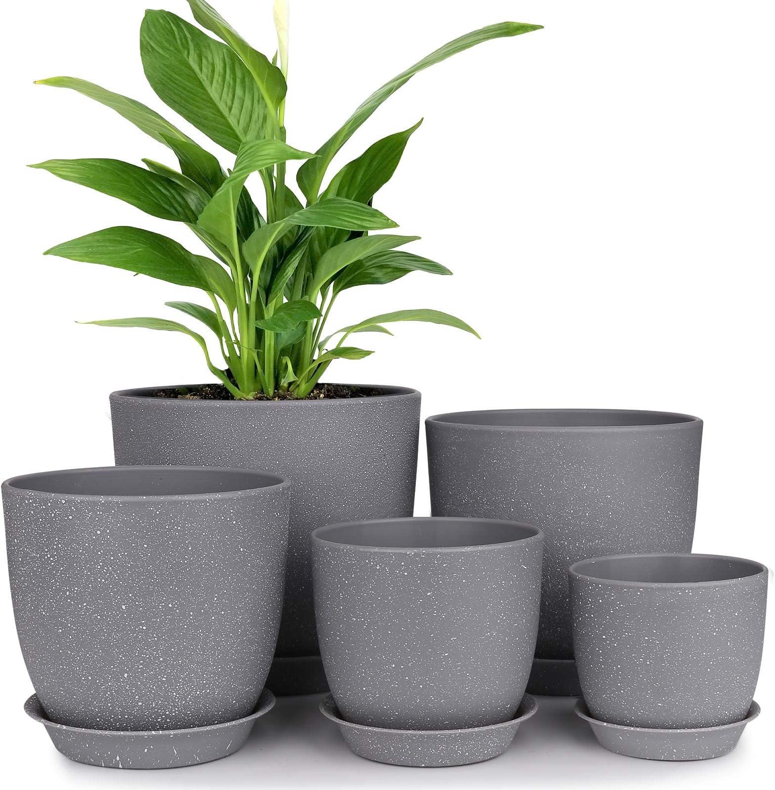HOMENOTE Plastic Planter 7/6/5.5/4.8/4.5 Inch Flower Pot Indoor Modern Decorative Plant Pots with Drain Hole and Saucer for All House Plants, Succulents, Flowers, Speckled Gray