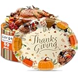 50 Pack Oval Thanksgiving Plates 12 x 10 Inch Thanksgiving Paper Plates Heavy Duty - Large Disposable Dinner Platters,Turkey Pumpkin Autumn Fall Harvest Thanksgiving Party Decor