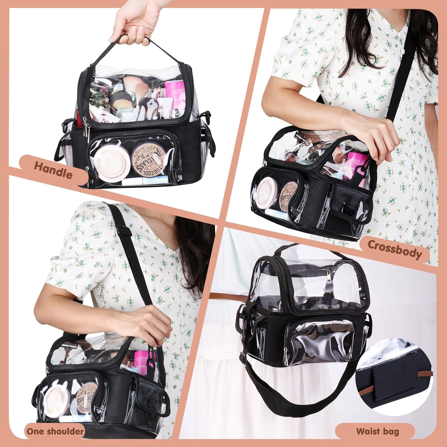 Makeup Brush Bag Travel with Dividers - Stand Up Professional Make Up Artist Kit Case with Adjustable Compartments and Strap, Portable Clear Cosmetic Storage Organizer Holder