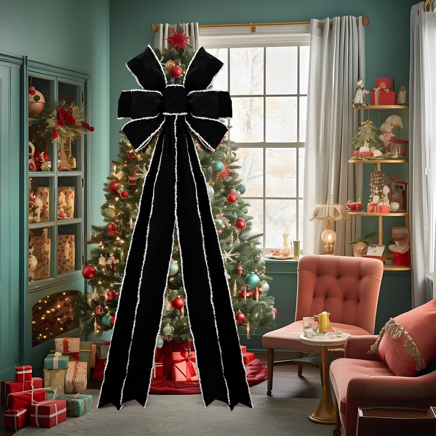 Hungdao Black 71 x 24 Inch Velvet Bow Giant Christmas Tree Topper Extra Large Wreath Bow Decoration Big Ribbon Tie with White Edge for Christmas Tree Xmas Indoor Front Door Wall Accent Porch Entryway