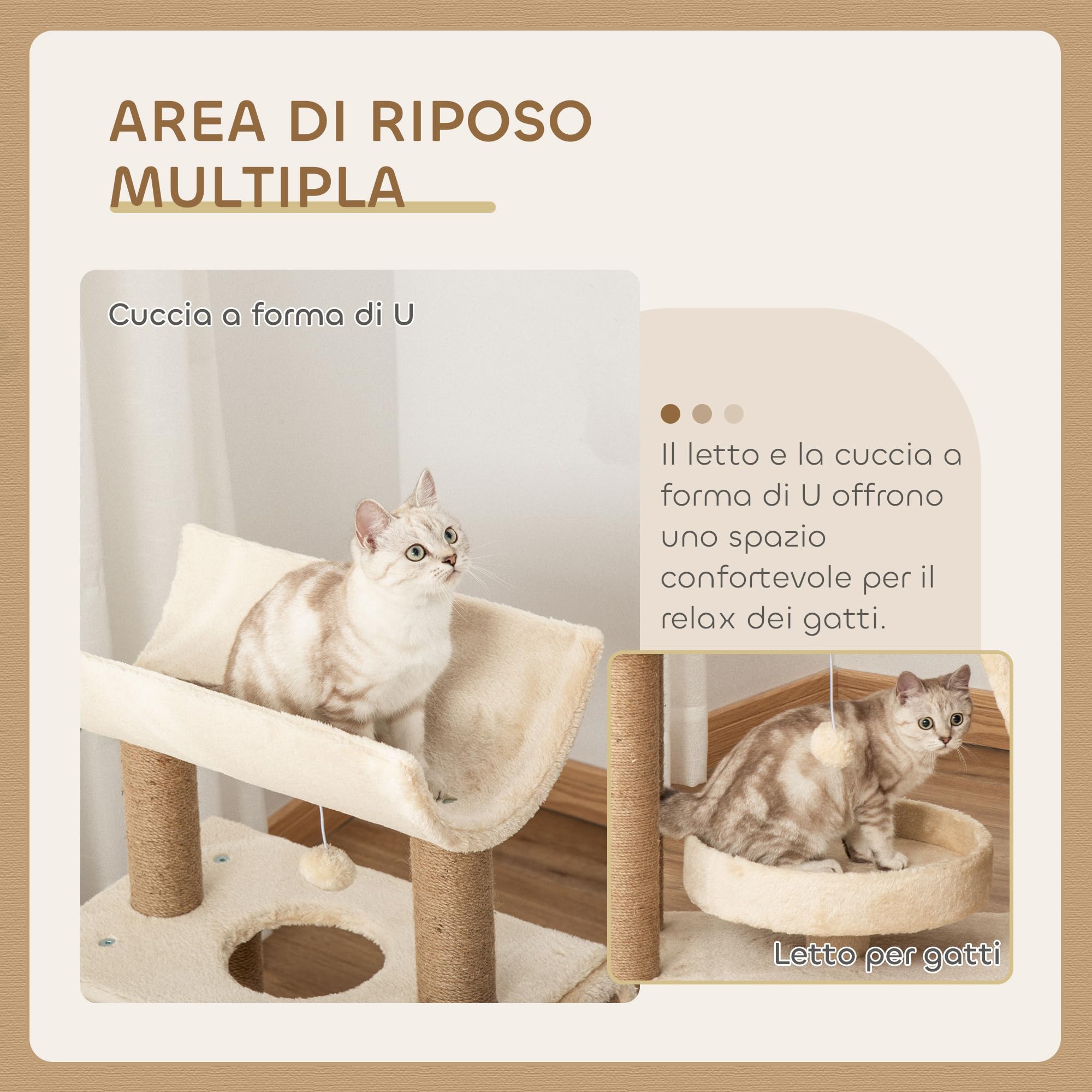 PawHut Albero Tiragraffi per Gatti con Cuccia a U, Lettino e Tappetino, Tiragraffi per Gattini in Truciolato, Peluche e Sisal, 60x30x76 cm, Marrone Chiaro