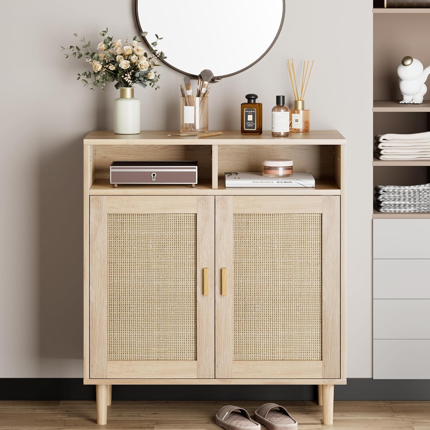 Set of 2 Sideboard Buffet Cabinet, Rattan Cabinet with 2 Doors, Accent Kitchen Storage Cabinet, Cupboard Console Table,Modern Coffee Bar Cabinet for Kitchen Dining Room Entryway Living Room, Natural