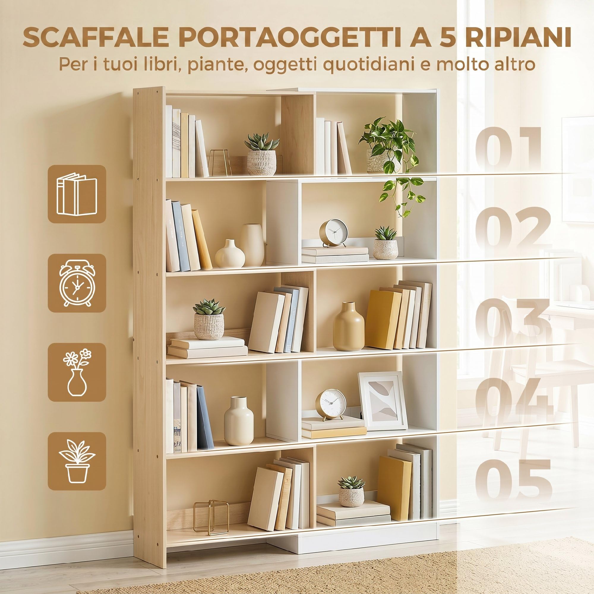 HOMCOM Libreria Scaffale a 5 Ripiani, Design Rotante a 350°, 3 Modi di Disporre, Libreria Angolare ad L Salvaspazio, Scaffale Portaoggetti per Soggiorno Ufficio, 111.5x23.8x163.7 cm Color Legno/Bianco