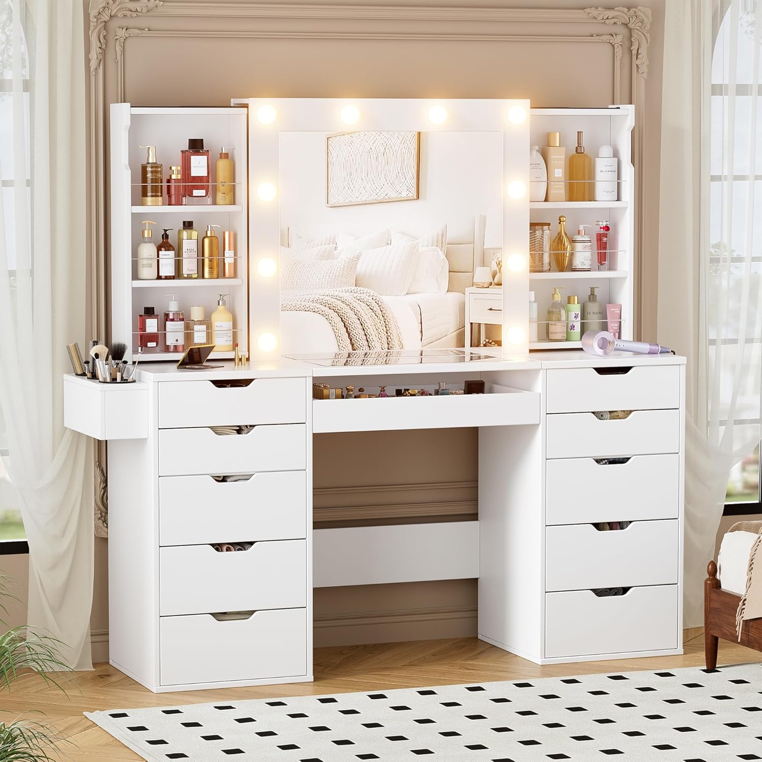 PAKASEPT Vanity Desk with Mirror and Lights, White Makeup Vanity Table with Hidden Sliding Storage Cabinet & Visible Glass Tabletop & Charging Station for Women