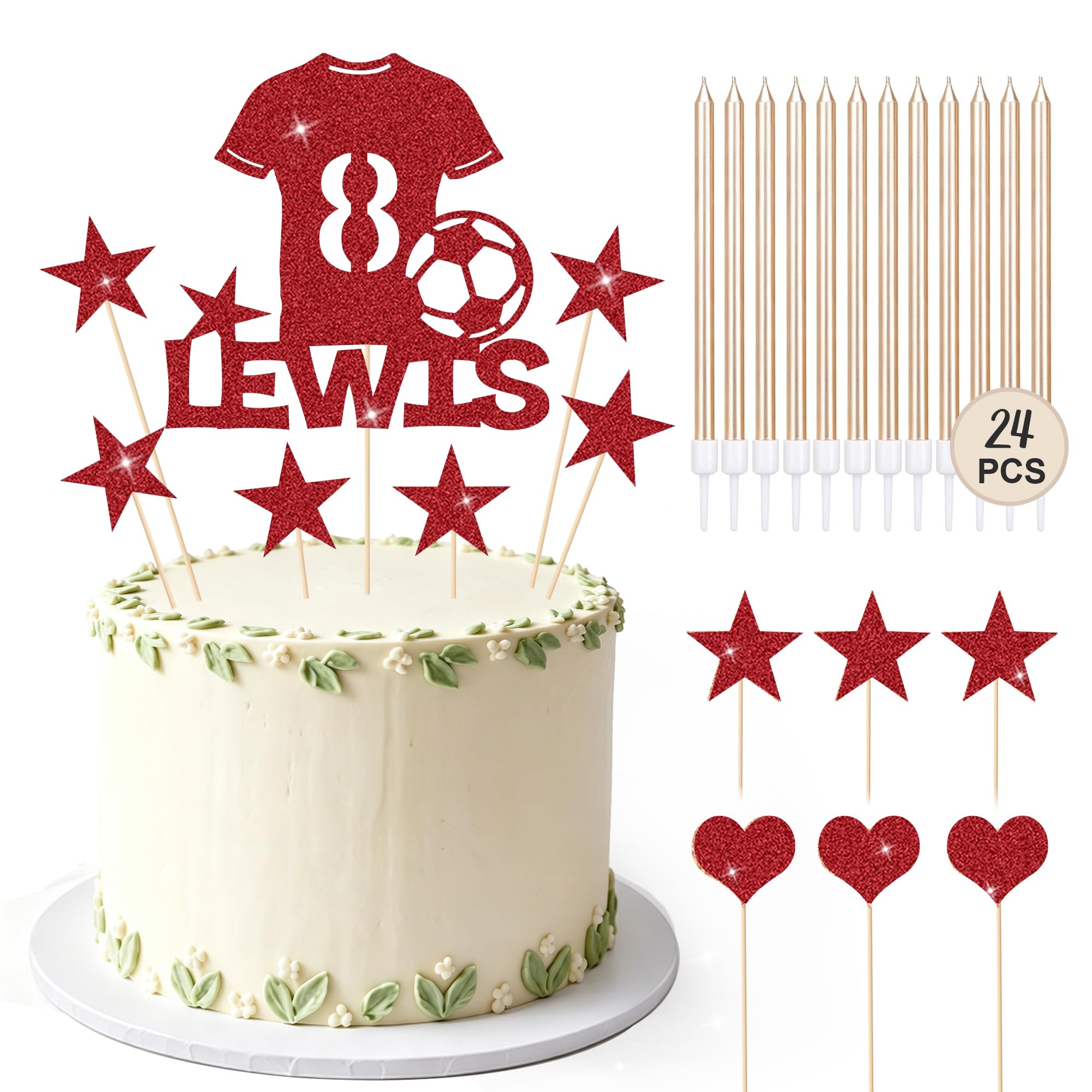 Football Cake Topper with 24 Candles Personalised Birthday Cake Decorations Football Gifts for Kids Boys Men Husband Daddy Grandpa Football Lovers Cake Toppers (Red with 24 Candles)