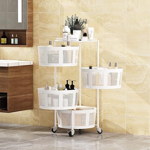 Miniatura 5 de STYLIFING Cesta de frutas y verduras para cocina, estante giratorio de 4 niveles con ruedas con bloqueo, carrito de almacenamiento para el hogar,