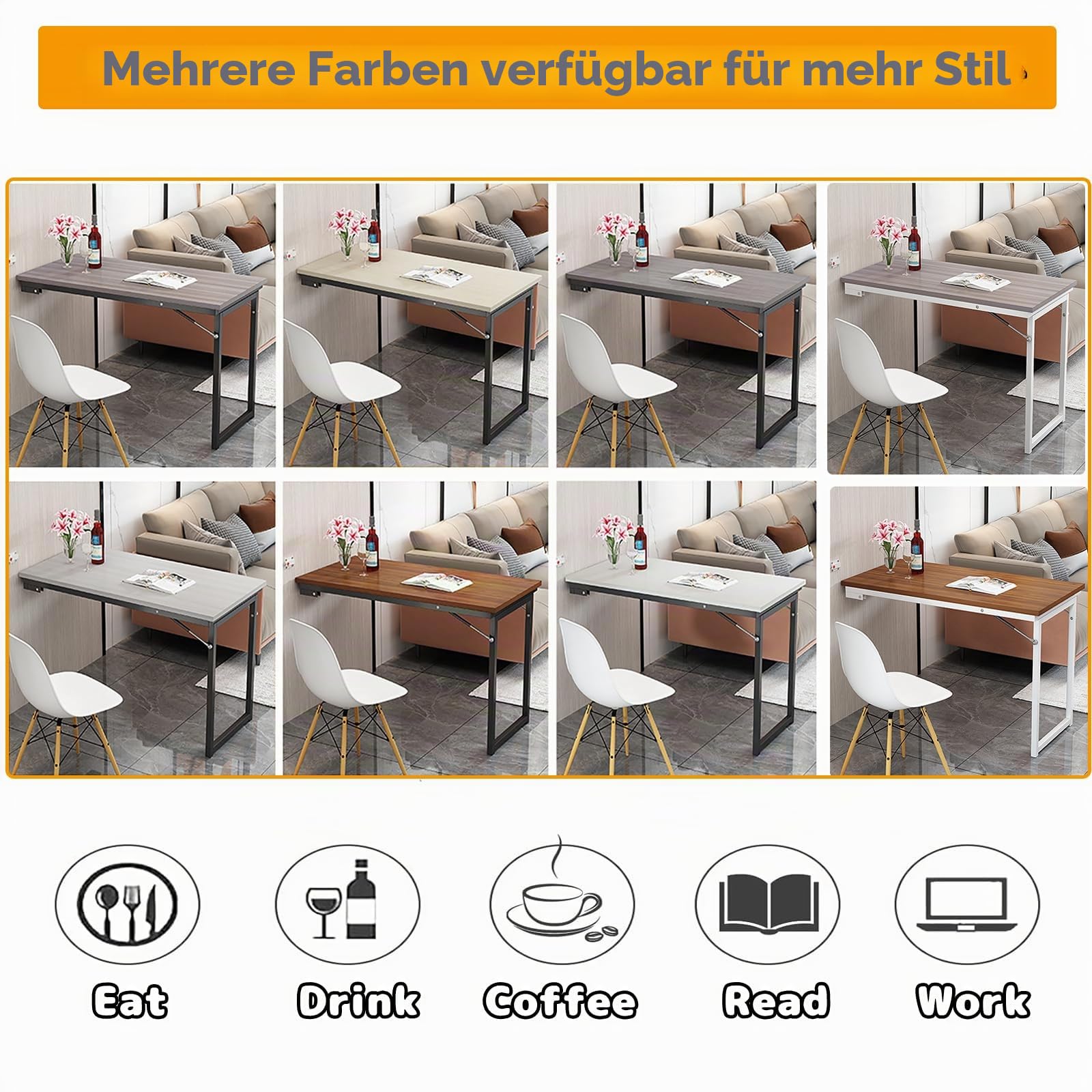 Wandmontierter Klapptisch Platzsparender, klapptisch Wand 90x60cm, Schwebender Schreibtisch, Schreibtisch für kleine Räume,Klappbarer Wandtisch für Küche und Wohnzimmer