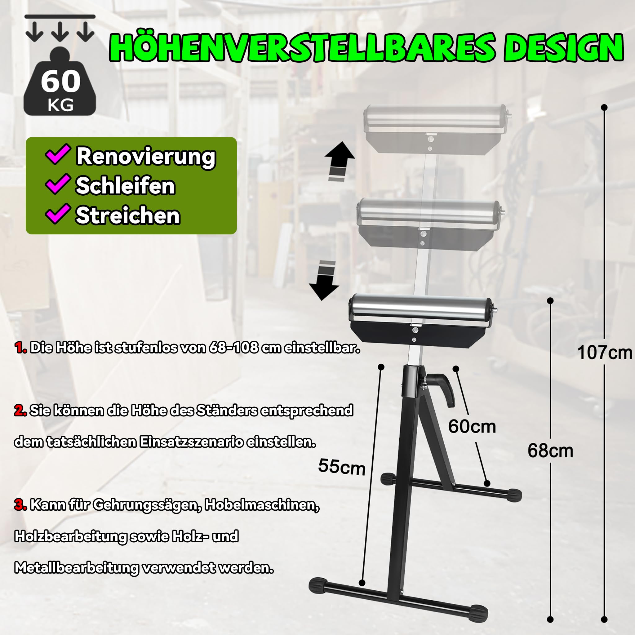 Froadp Set di 2 rotelle in acciaio, 68 – 108 cm, regolabile in altezza, con piedini antiscivolo, pieghevole, per banchi da lavoro, attrezzi di espansione, capacità di carico 60 kg per pezzo