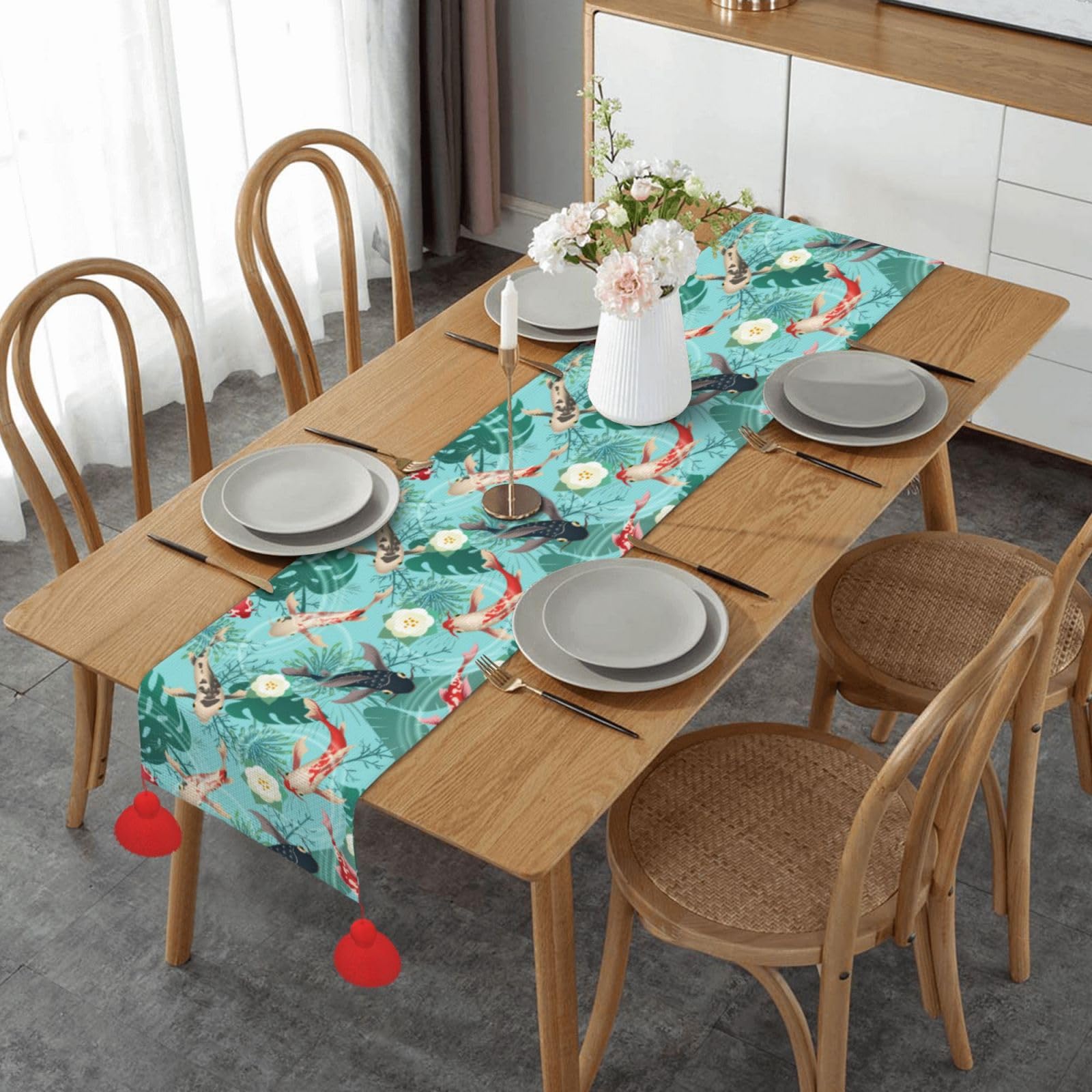 Chemin de table de Noël haut de gamme avec pompon et poissons koï