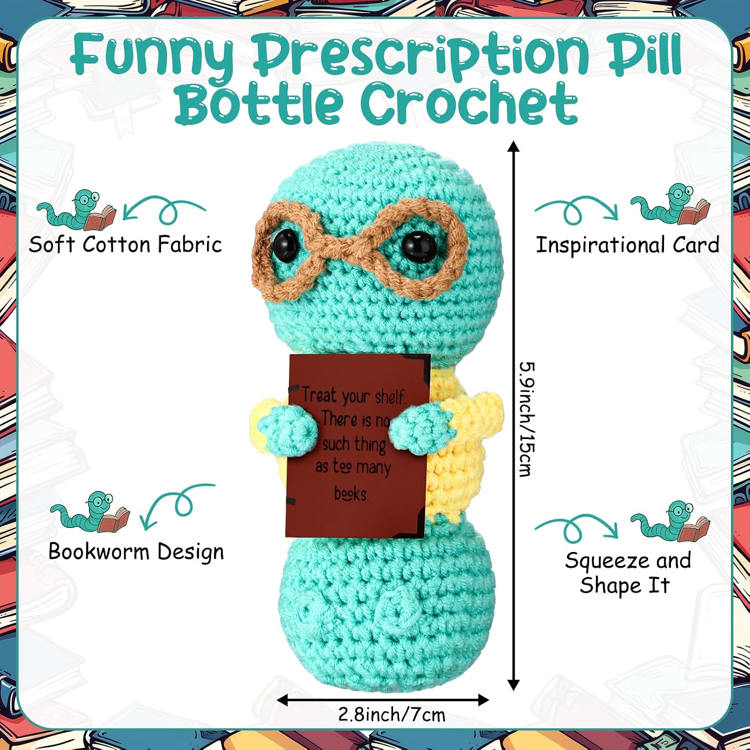 Jenaai Book Lovers Gifts Bookworm Crochet Emotional Encourage Support Reading Gifts for Bookish Teacher Readers Book Lovers Students Bookshelf Decor Present