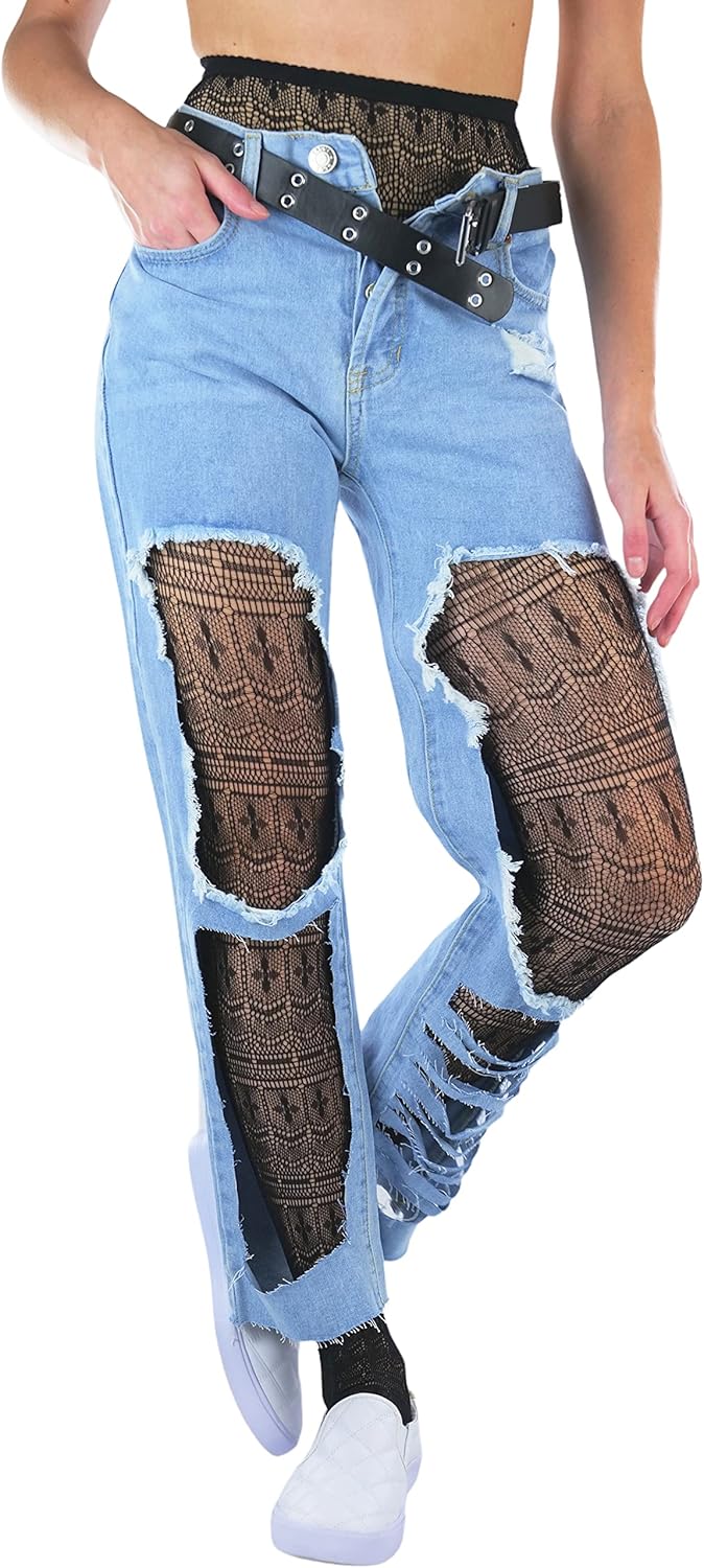 ToBeInStyle Women's Single Floral Lace Fishnet Tights Footless & Stirrup Design - Image 7