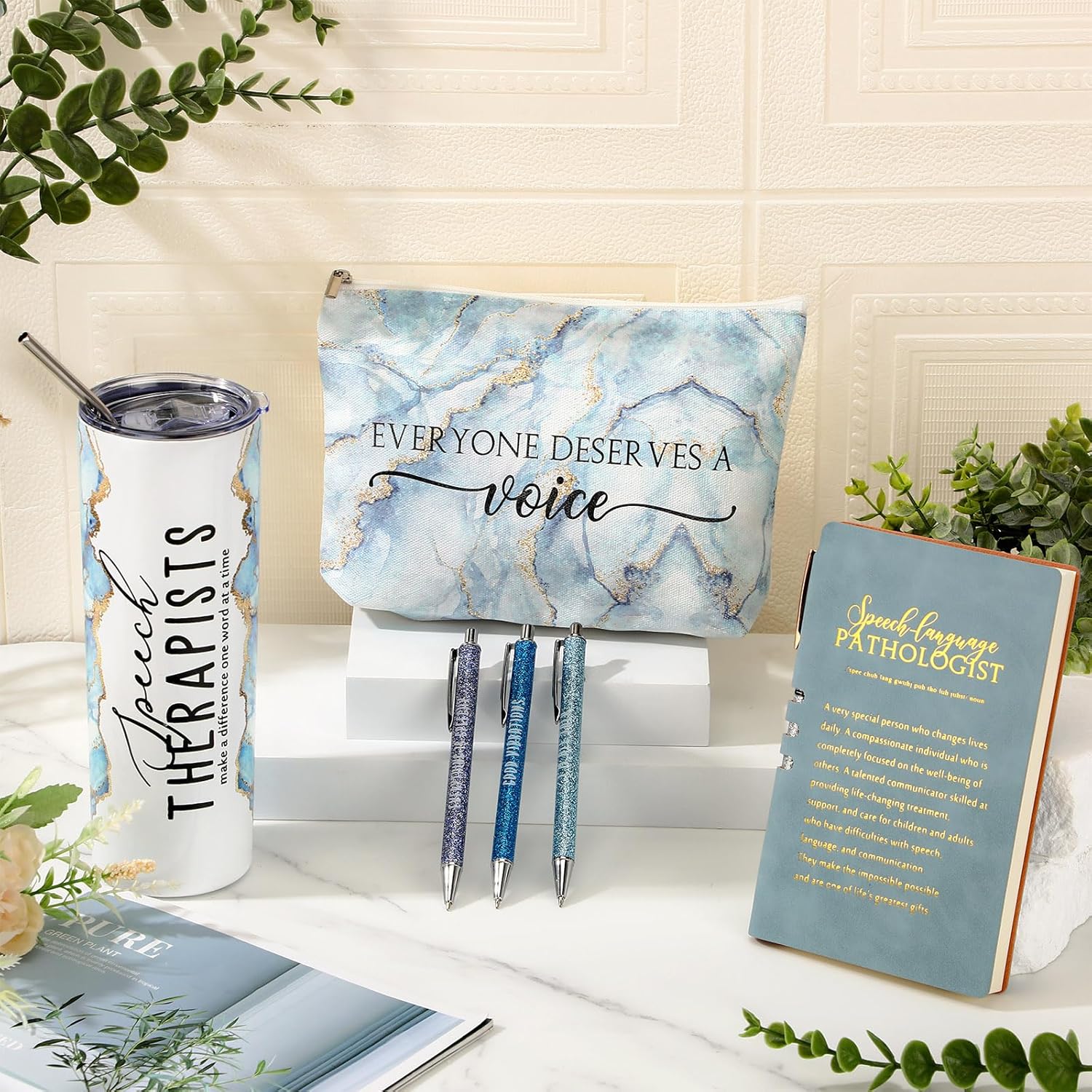 6 Pcs Speech Language Pathologist Gifts Set Speech Therapist Gift Slp Must Haves Notebook Tumbler Makeup Bag Ballpoint Pen Essentials for Women Graduation Retirement Birthday Therapy Gifts(Blue) - Image 5