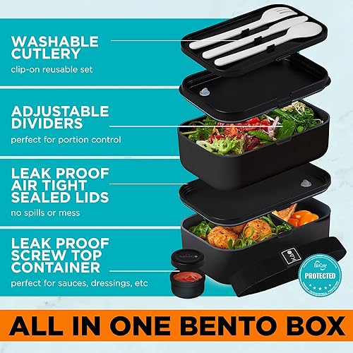 Miniatura 3 de Caja Bento doble prémium para adultos, 67 onzas líquidas sin BPA, lonchera apilable negra con tapas y divisores a prueba de fugas, perfecta para