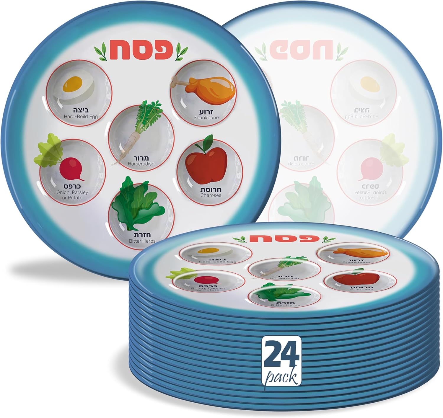 The Kosher Cook Disposable Passover Seder Plate - Pack of 24 (10") - Heavy Duty Plastic, Pictures of Each Item - For Kids, Adults and Communal Seders - Pesach Seder and Kitchen Accessories