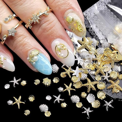 Summer Nail Charms Ocean Theme Gold Silver Starfish Shell Mixed