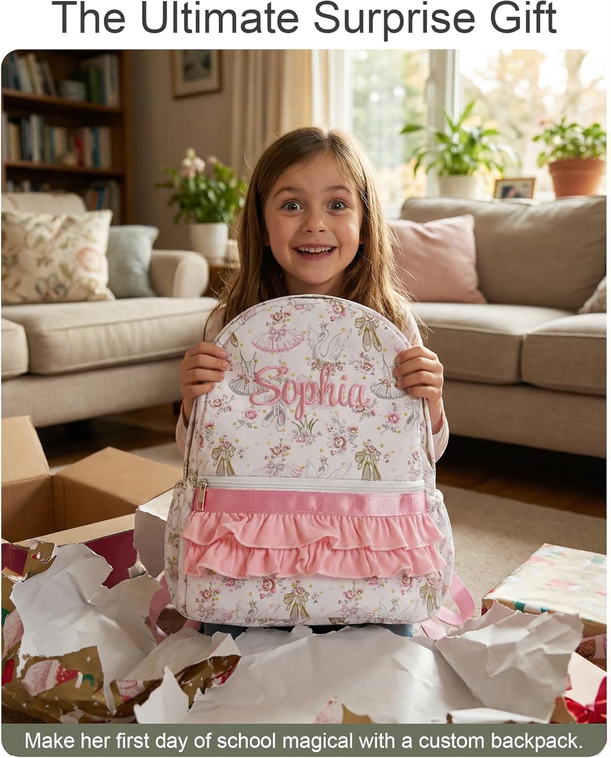 Personalized Girls Ruffle Backpack, Custom Name Embroidered School Bag for Toddler & Preschool, Heavy-Duty 14" Cute Princess Bookbag for Kindergarten Daycare, Premium Birthday for Kids