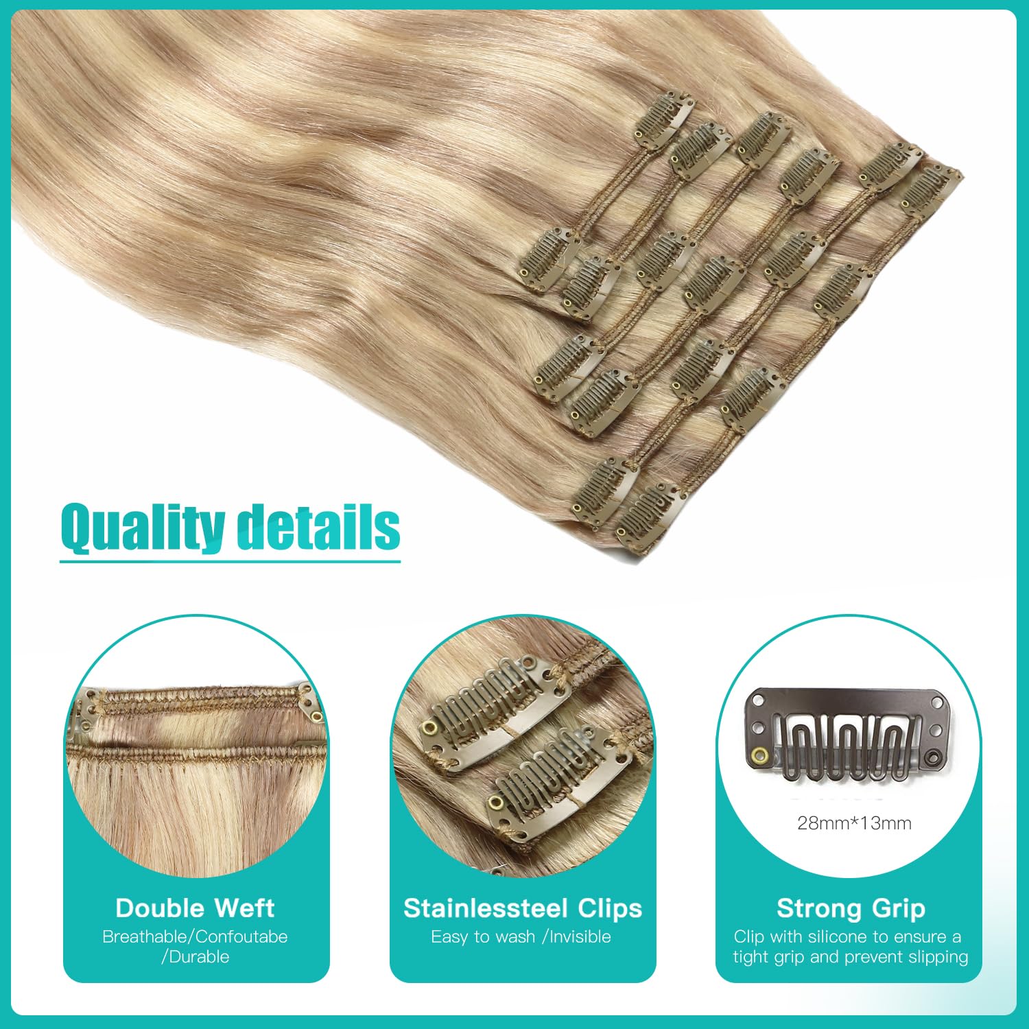 SURNEL Seamless Clip in Human Hair Extensions 20Inch 120G 6Pcs Blonde Highlight Clip in Extensions Remy Full Head for Thin Hair Skin Weft (C#18P613,20'') - Image 4