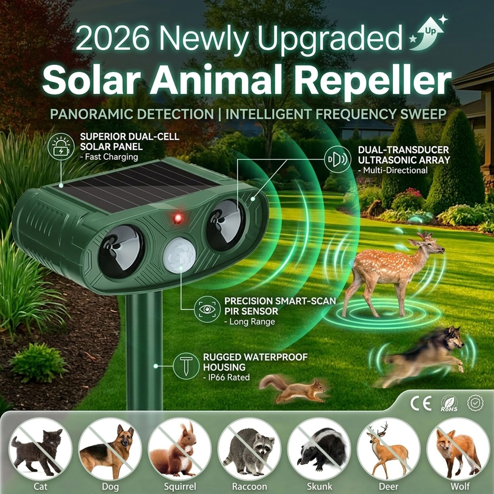 Ultraschall-Tiervertreiber für den Außenbereich, 2026 Solar-Katzenschreck, Bewegungserkennung, Tiervertreiber im Freien, um Eichhörnchen Hundeabwehr für Hof zu erschrecken