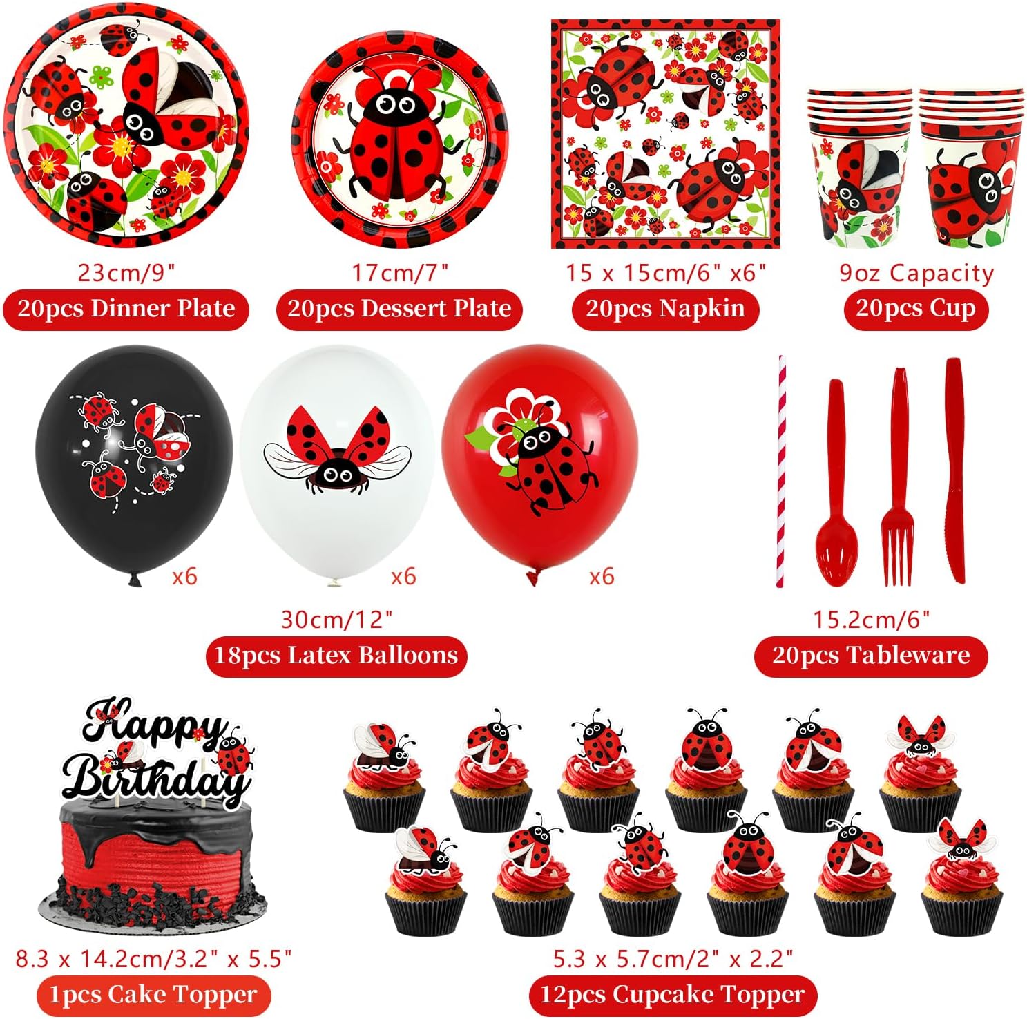 Ladybug Birthday Decorations - Ladybug Party Decoration, Plates Cups Napkins Tablecloth Happy Birthday Backdrop Balloon Cake Toppers for Ladybug Themed Party Supplies, Serves 20