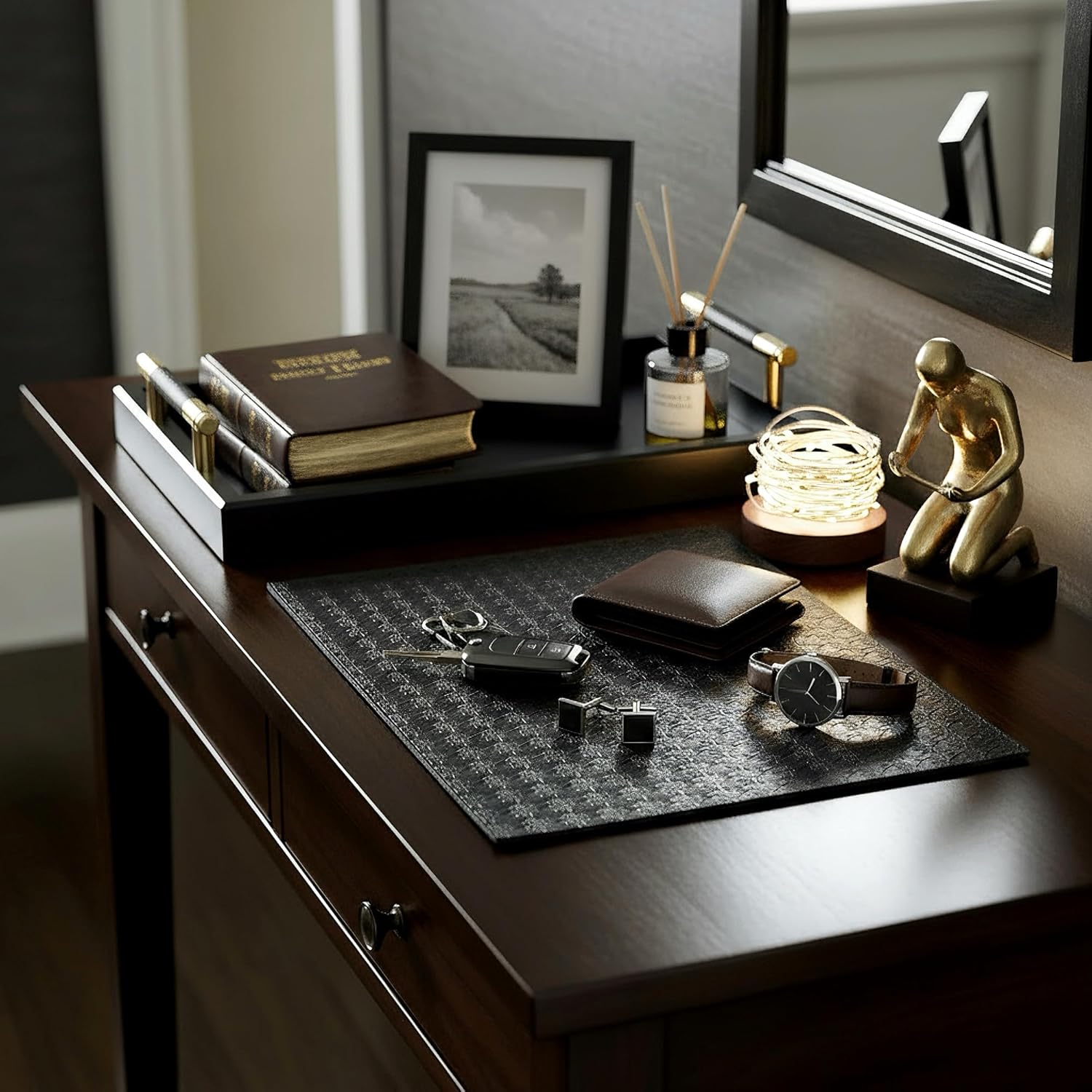 Bamboo Vanity Tray for Dresser -13.4"x8.7" Black Gold Catchall Organizer for Cologne, Perfume, Cosmetics, Jewelry, Watch, Key - Decorative Valet Tray for Living Room, Bathroom, Bedroom, Countertop