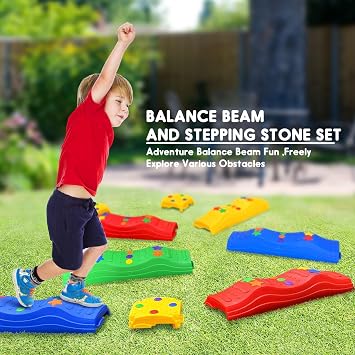 Toddler Balance Beam Kids Stepping Stones Max Load 220LBS 4 PCS Non-Slip Textured Surface & Rubber Pads Bottom Promote Agility Coordination Five Star Pattern