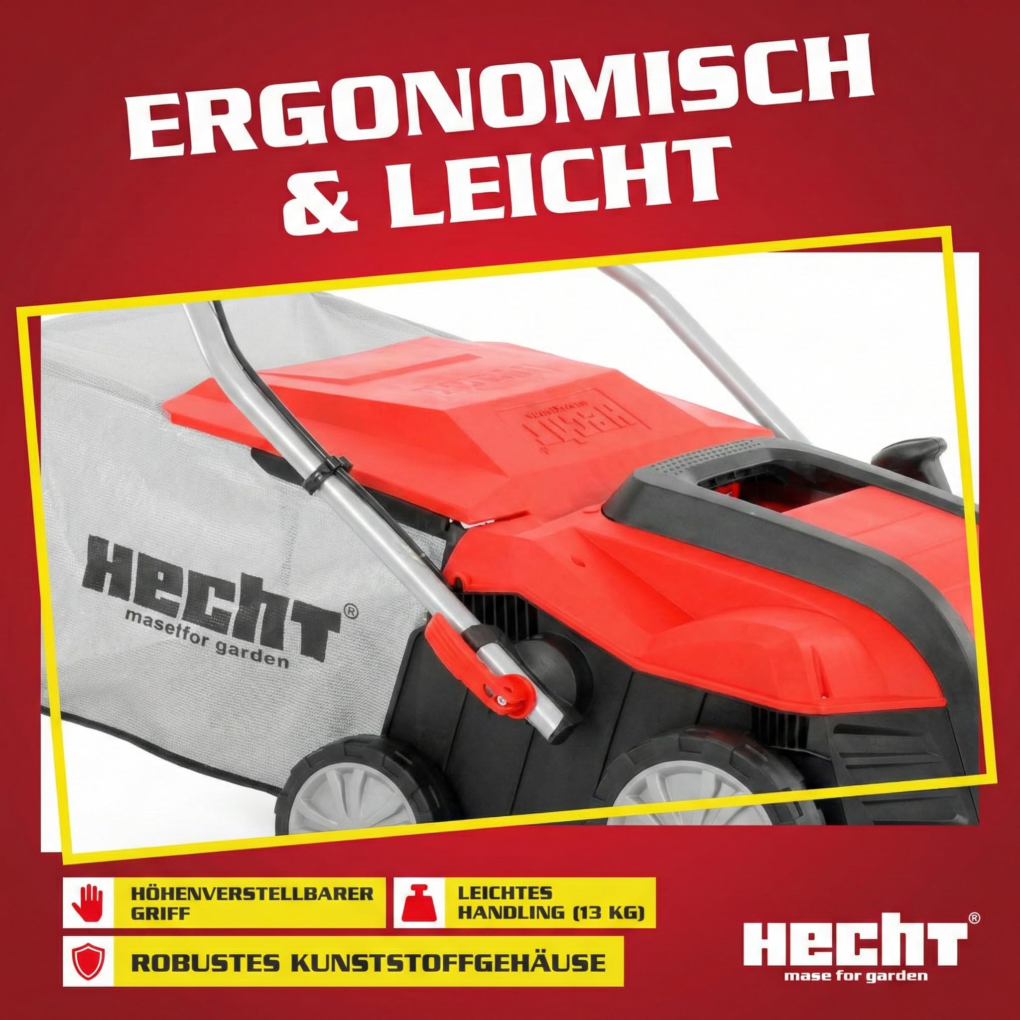 HECHT brandneuer 2 in 1 elektro Vertikutierer - Vertikutierer Elektro für einen schönen grünen saftigen Rasen – Starke 2000 Watt mit Lüfter- und Messerwalze - großzügiger 55l Auffangsack – elektrisch