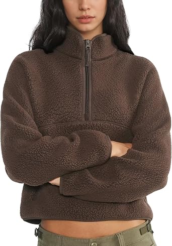 Hixiaohe Womens Cropped Fleece Sweatshirts Casual Half Zip Long Sleeve Fuzzy Winter Warm Pullover Sherpa Jackets with Pockets