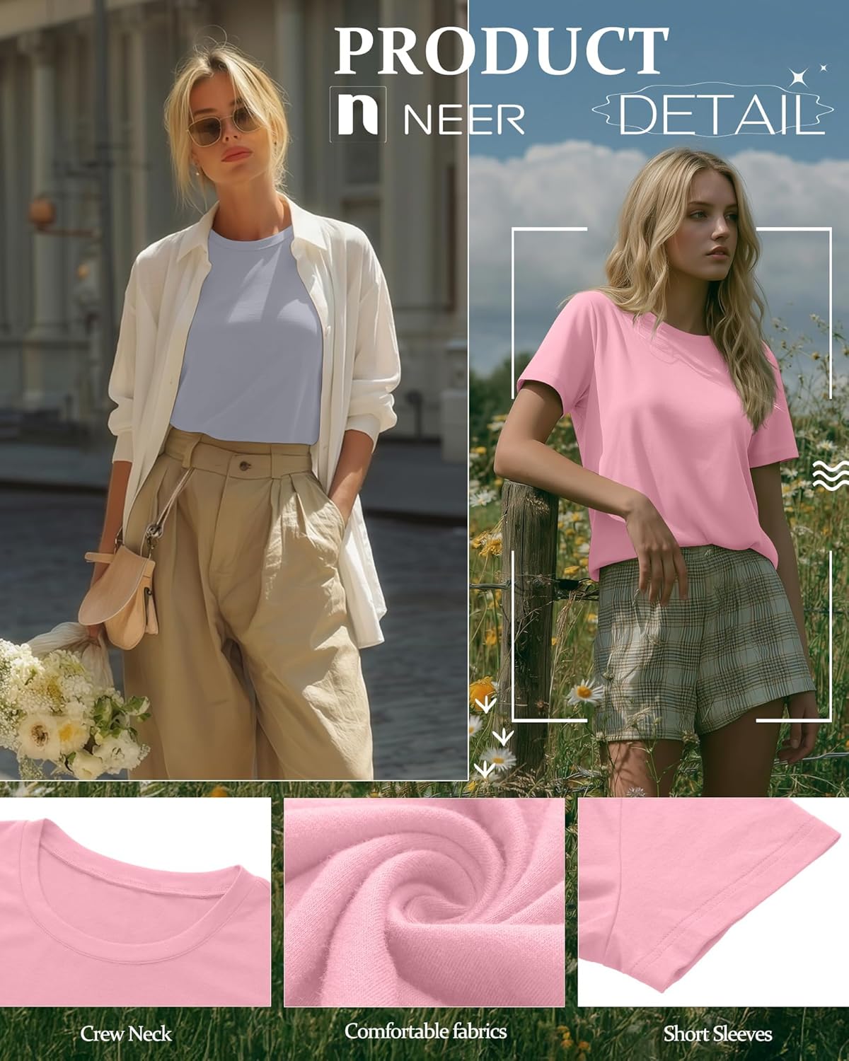 Neer 4 Pack Women's Crew Neck T Shirts Summer Short Sleeve Casual Basic Tops Loose Fit Flat Hem Tees - Image 4