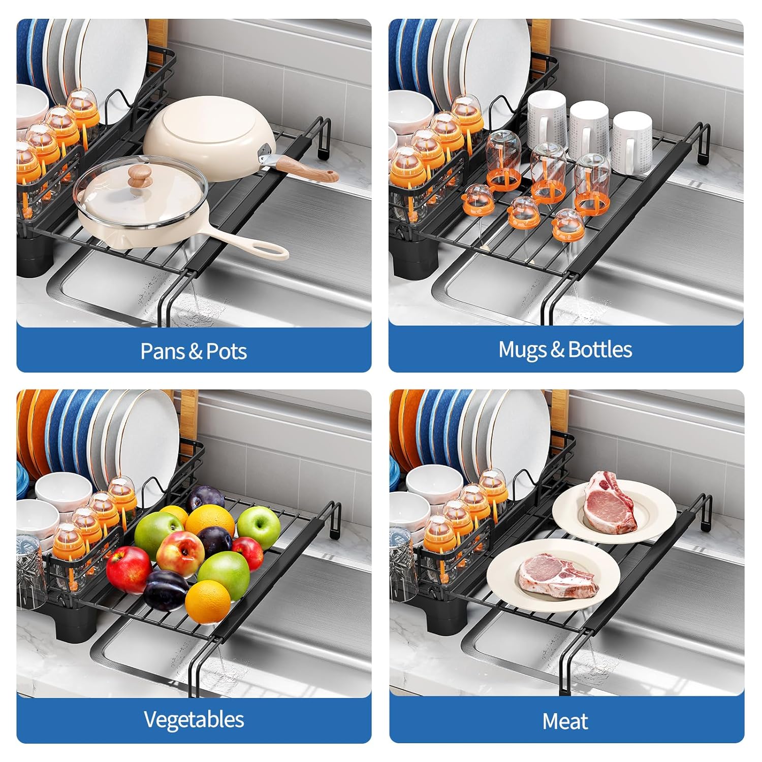 TOOLF Extendable Dish Drying Rack, 2-Tier Dish Rack for Kitchen Counter, Large Expandable Dish Drainer Over Sink, 3 in 1 Multifunction Dish Strainer with Drainboard & Cups Holder, Black