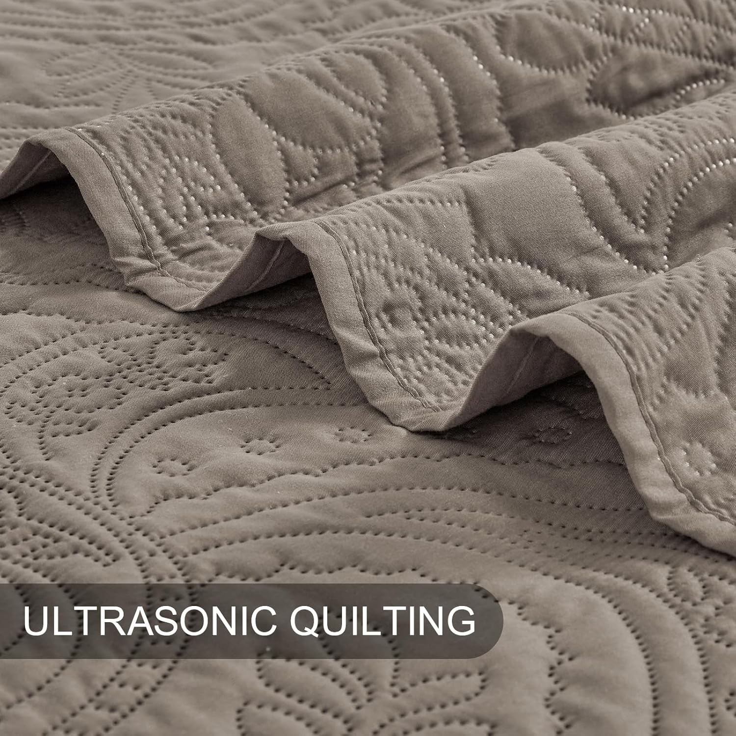 BOURINA Ultrasonic Quilt Set Bedspreads 3-Piece Bedding Set Pre-Washed Microfiber Ultra Soft Lightweight Flower Coverlet Set for All Season, Queen Taupe - Image 4