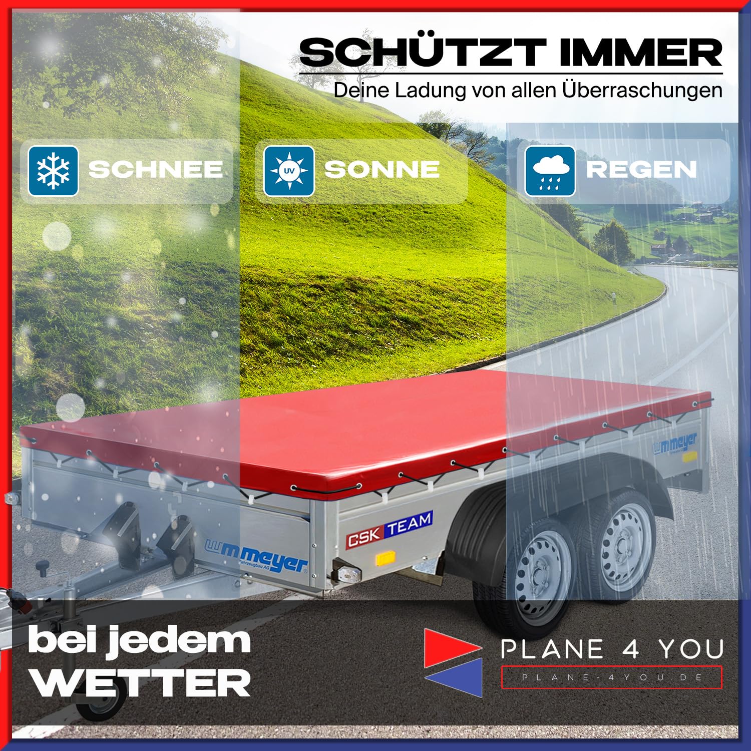 WM Meyer Anhängerplane - Hochwertige Plane Nach Maß in 15 Farben - Flachplane für PKW-Anhänger - Wasserdichte PVC Abdeckplane Mit Zubehör