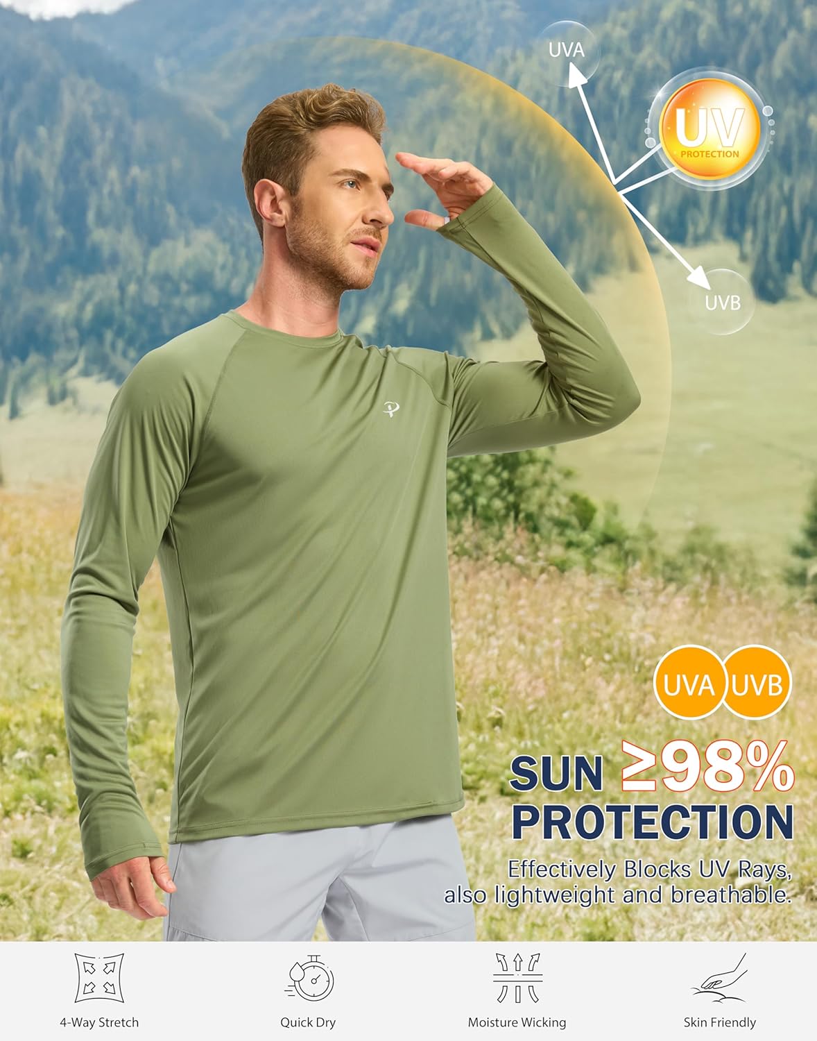 Pudolla Men's Sun Protection Shirts UV SPF UPF 50+ Rash Guard Long Sleeve Lightweight Quick Dry Brethable Swimming Fishing - Image 3