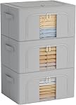 GoMaihe Space Saving Storage Bins 3-Pack, 24L Foldable Organizer with Metal Frame & Lid, Stackable Closet Box for Sweaters, Kids Clothes, Linens & Under Bed Storage (Light Gray)