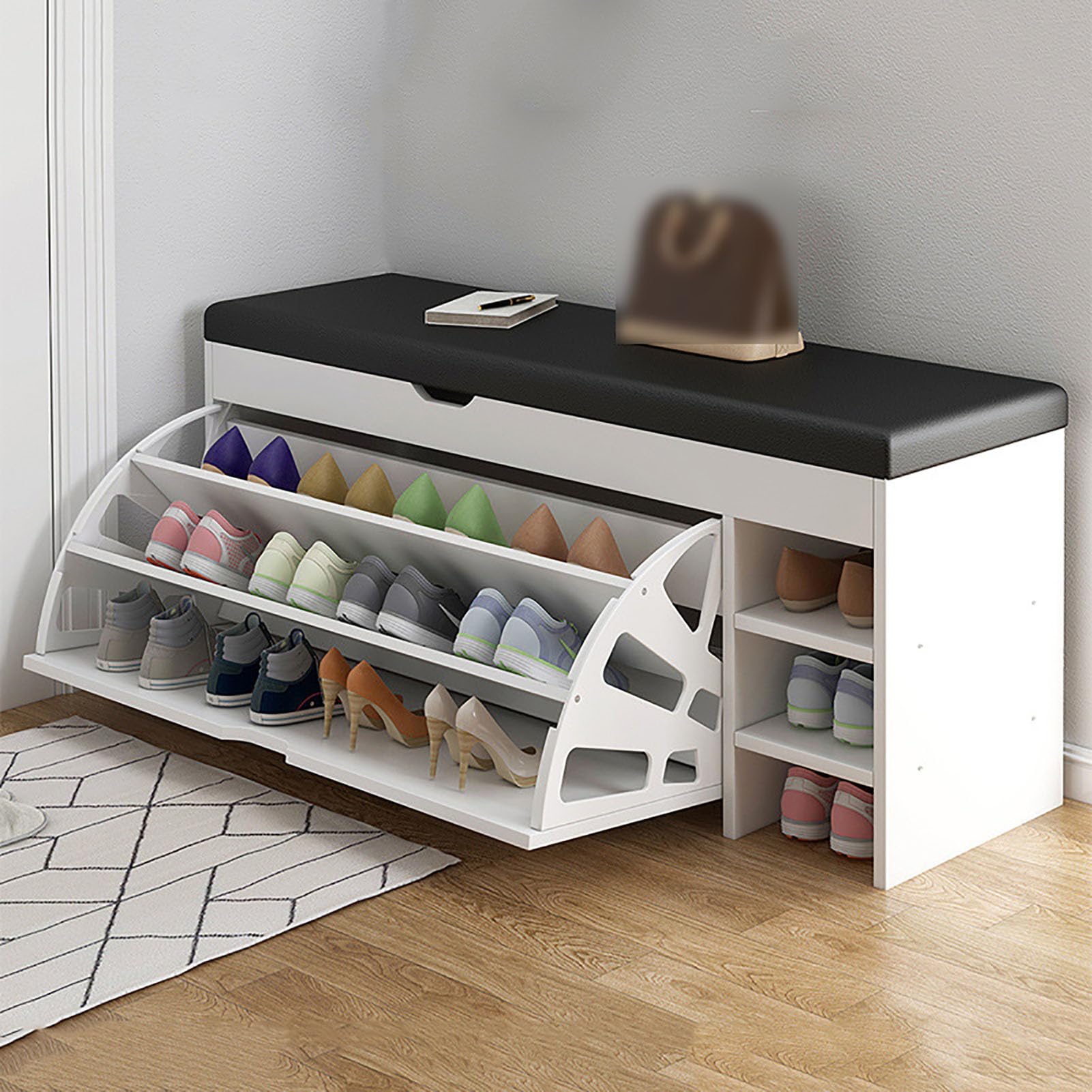 Banc à chaussures blanc 100cm avec tiroirs rabattables et coussin