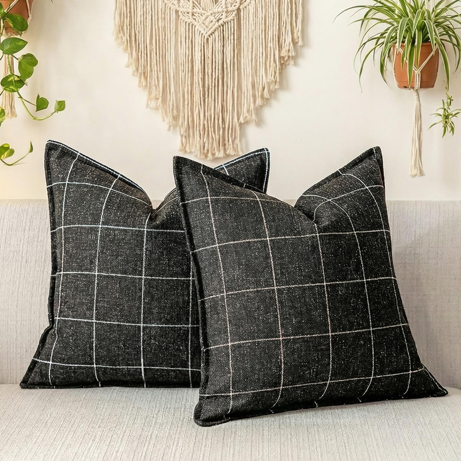 Black and White Plaid 22x22 Pillow Cover, Neutral Throw Pillow Covers 22x22 Set of 2, Modern Farmhouse Buffalo Checkered Decorative Linen Pillow Cover