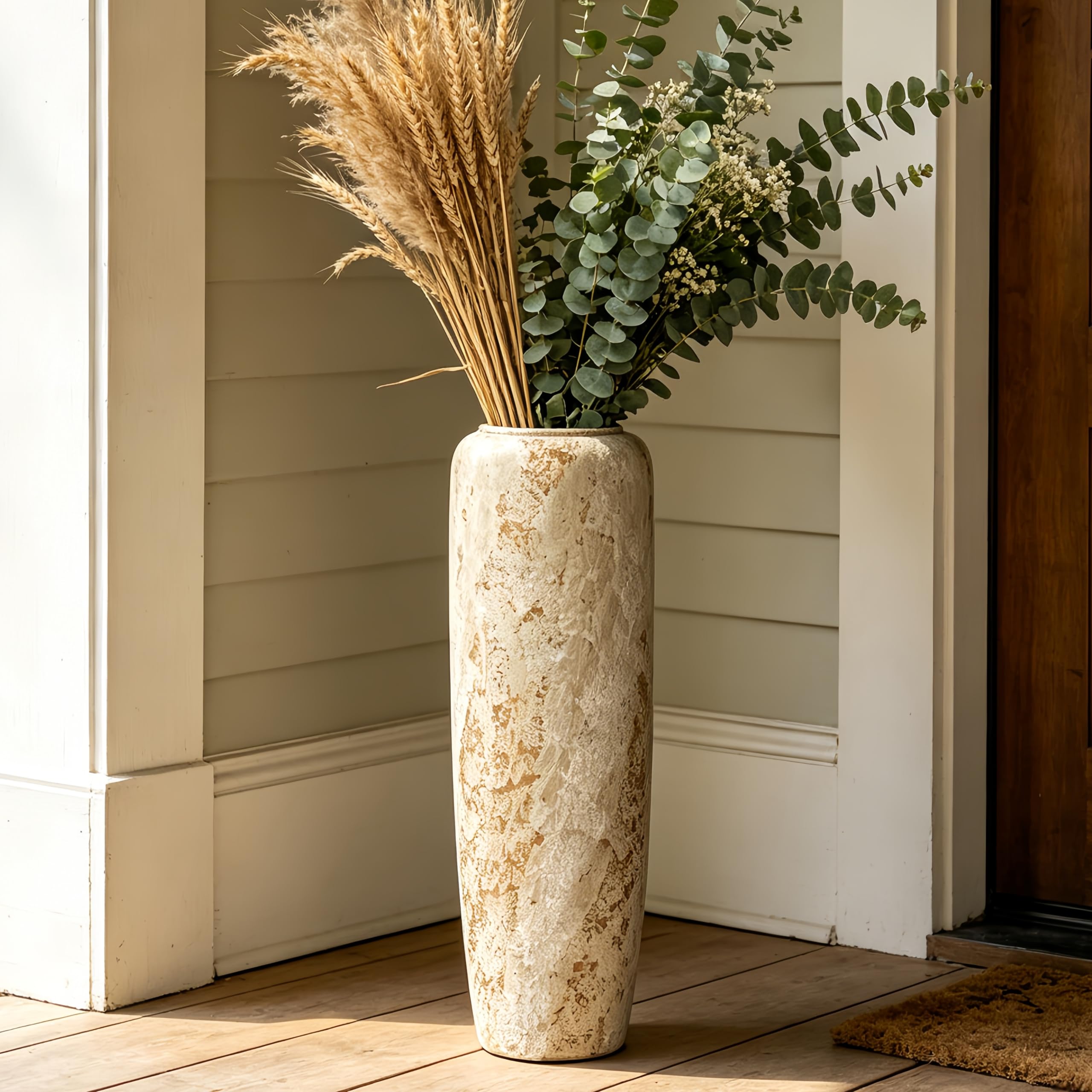 Boho Bodenvase aus Keramik, 60 cm, Rustikale Vintage Vase für Wohnzimmer Dekoration, Pampasgras oder Trockenblumen, Perfekt für Regale und Tische