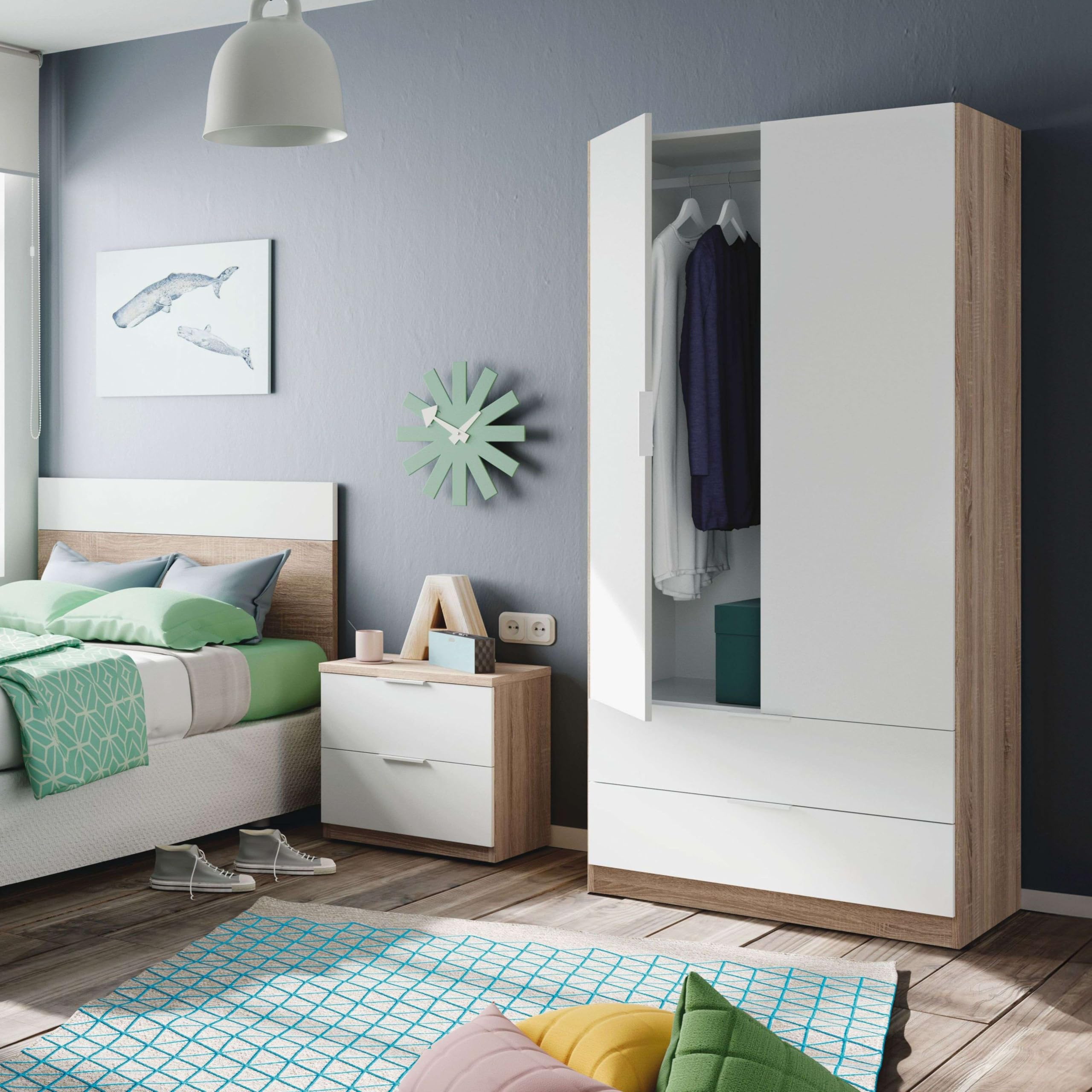 Miroytengo Pack de Muebles de Dormitorio Juvenil Luca en Color Blanco y Roble Canadian formado por Armario, Cabecero y Mesita (Escritorio Opcional)