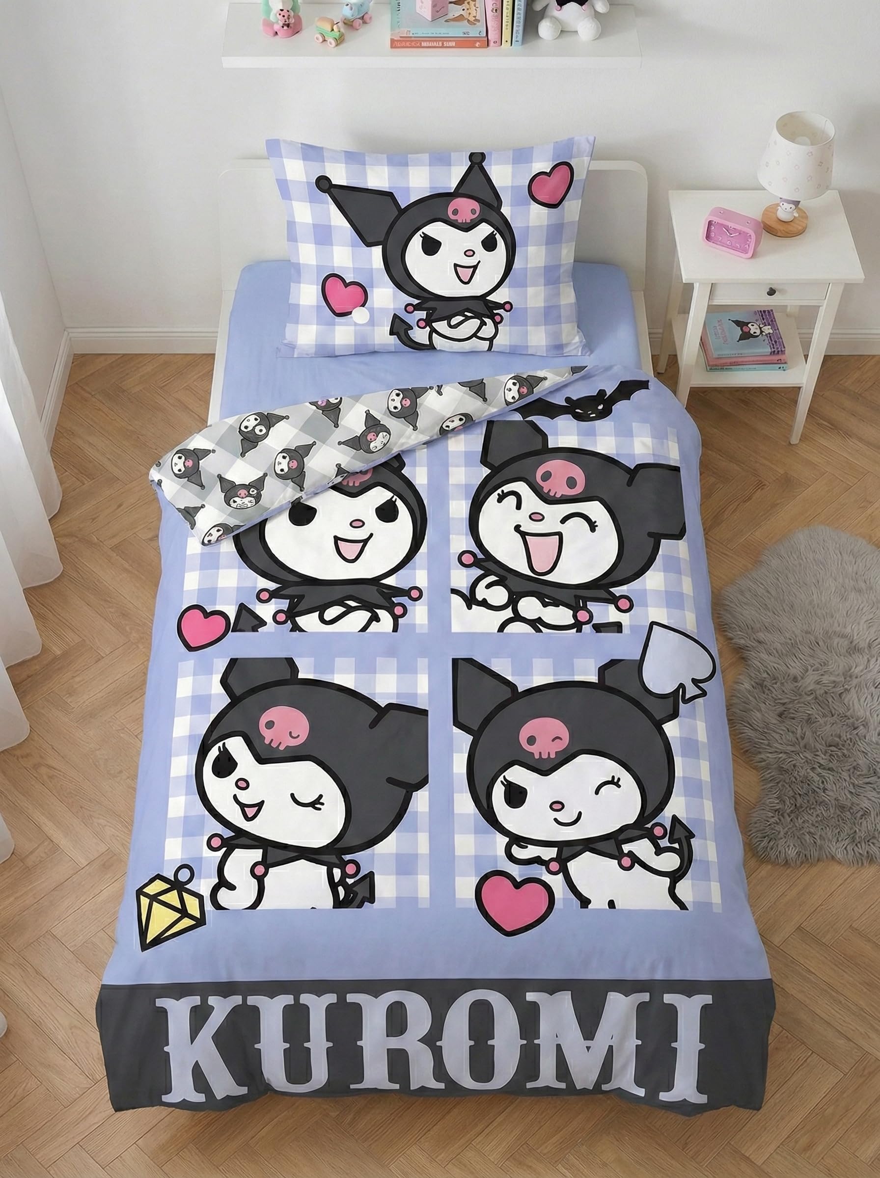 Kuromi Copripiumino Singolo 140x200 + Federa 70x90 Gingham Blu Grigio | Set lenzuola reversibile | Microfibra ultra morbida asciugatura rapida Oeko-Tex | Sanrio | Bambine | Regalo | Idea regalo