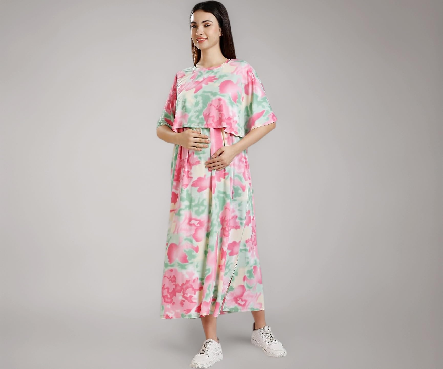True Shape Maternity Gown for Women | Knitted Polyester Zipless Feeding Poncho Night Dress with Attached Cape, Easy Nursing & Convenient Pockets for Pre & Post Pregnancy