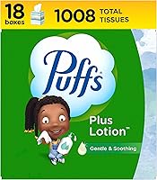 Puffs Plus Lotion Facial Tissues, 18 Cubes (56 Sheets/Box) - Soothing Lotion for Sensitive Skin, Bulk Softness